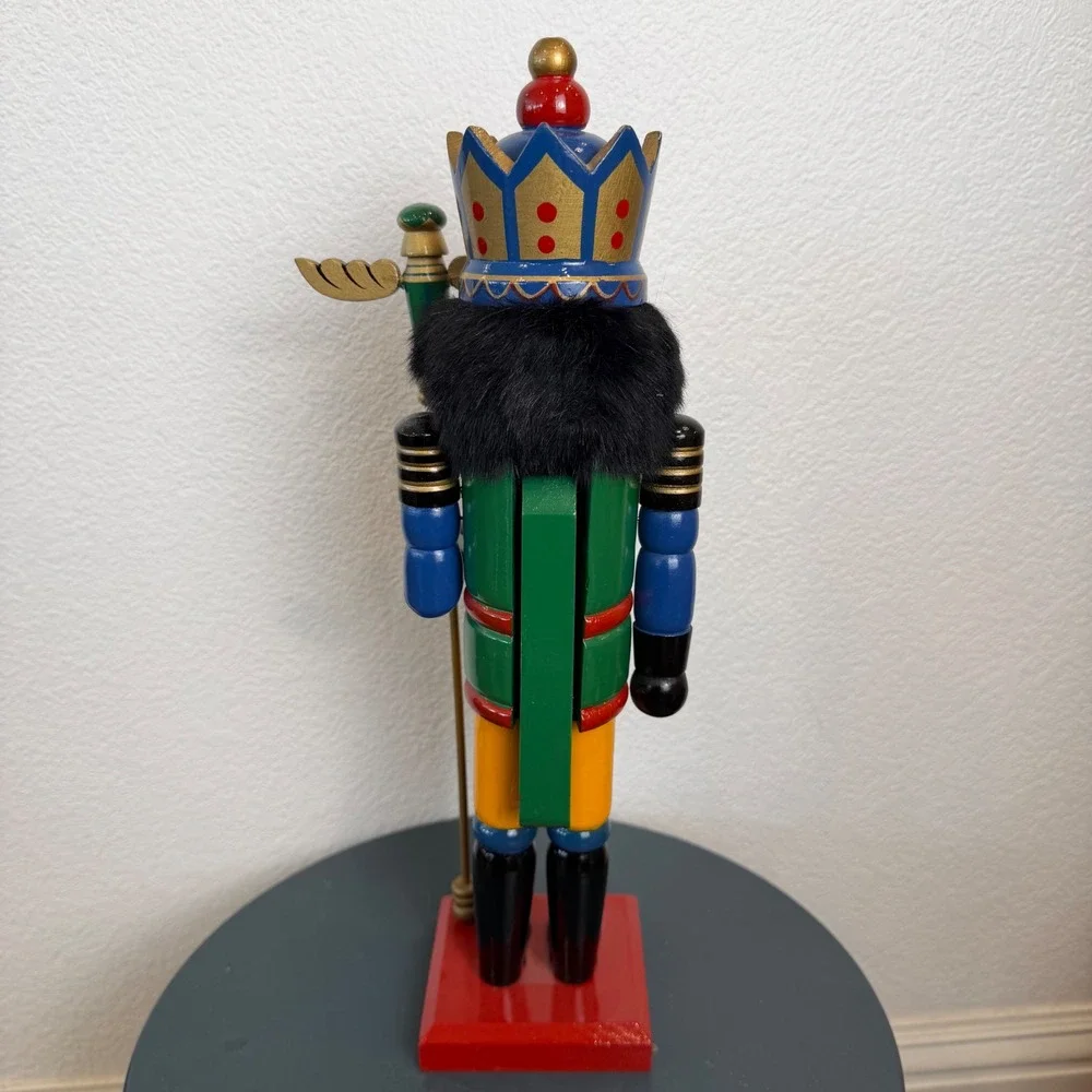 Vintage Wooden Christmas Nutcracker King Green Blue Gold 14.5 Inch Scepter Crown